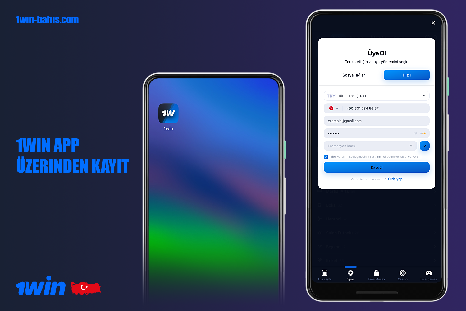 Uygulamada 1win'e kaydolmak, web sitesinde kaydolmaktan farklı değildir