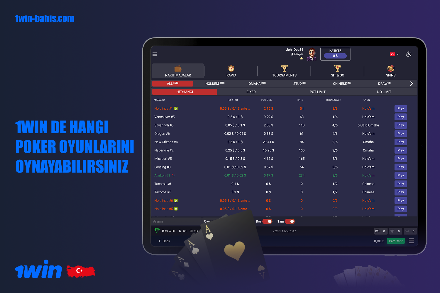 1win'de Türkiye'den kullanıcılara sunulan çeşitli poker türleri vardır