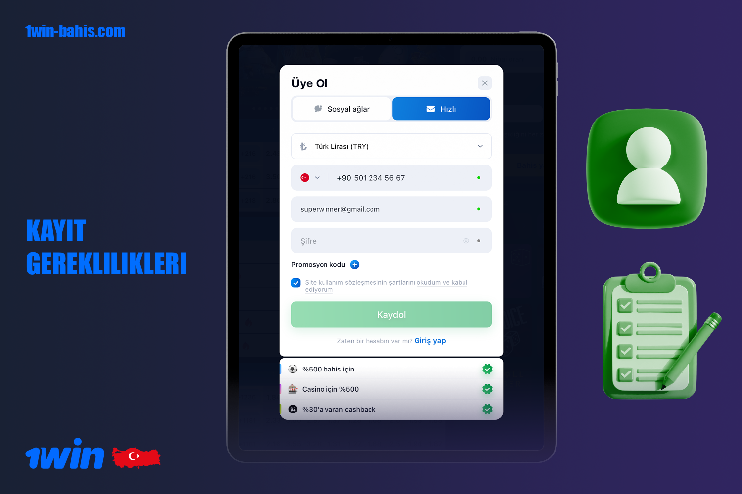 Bir 1win hesabı oluşturarak kullanıcı, hüküm ve koşulları ve platform gereksinimlerini kabul eder