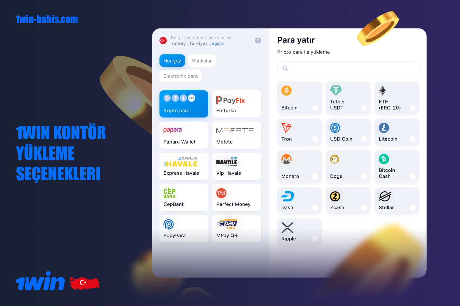 Türkiye'den kullanıcıların rahatlığı için, 1win'de para yatırmak için kullanabilecekleri çeşitli seçenekler mevcuttur