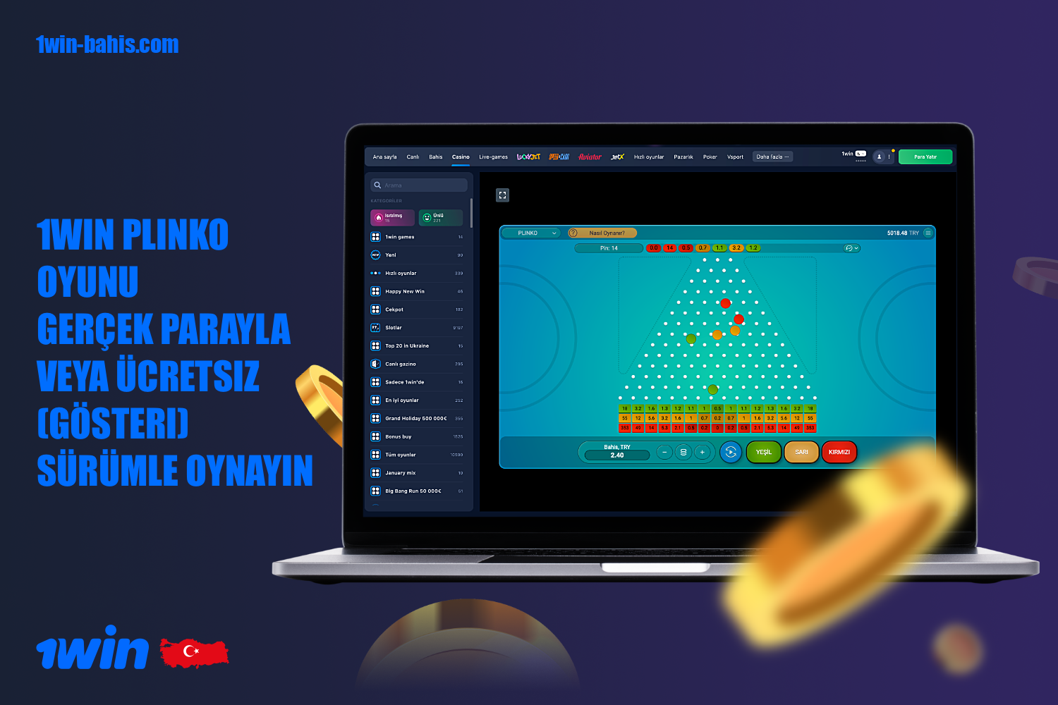 1win Türkiye kullanıcıları Plinko'yu sadece gerçek parayla değil, aynı zamanda tamamen ücretsiz olarak demo modunda da oynayabilir