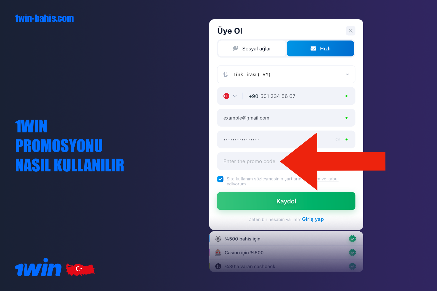 Türkiye'den kullanıcılar yeni bir hesap açarken 1win promosyon kodunu kullanabilir