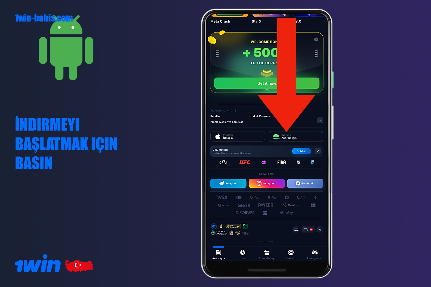 Android için 1win uygulamasını indirmeye başlamak için uygulama simgesine tıklamalısınız