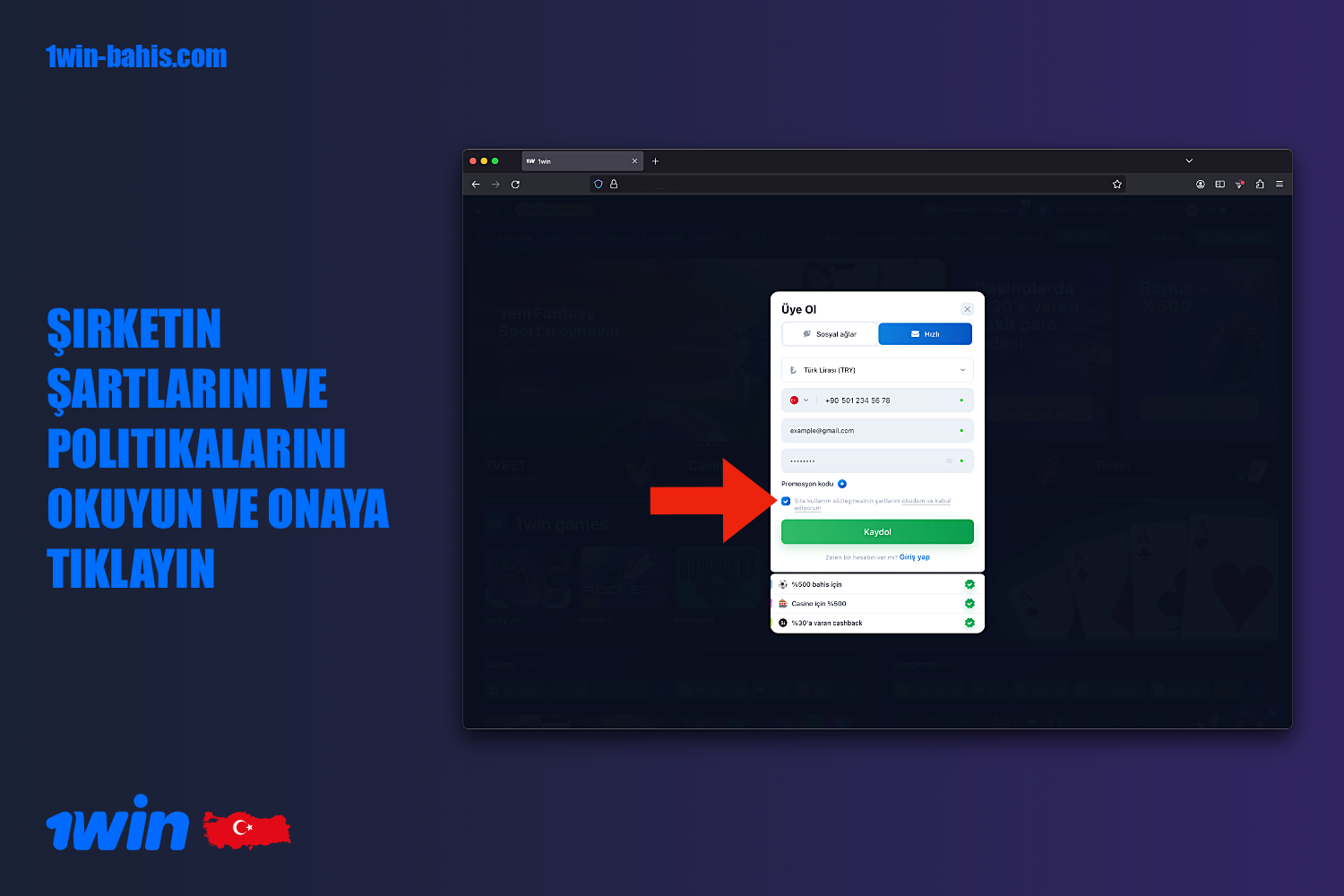 1win'e kayıt olurken, hüküm ve koşulları ve kuralları okumalı ve kabul etmelisiniz