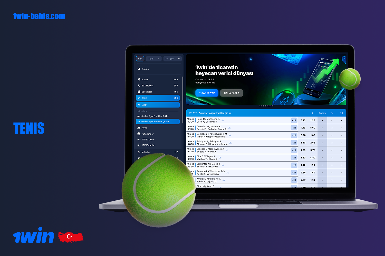Türkiye'den 1win kullanıcıları için çeşitli tenis bahisleri mevcuttur