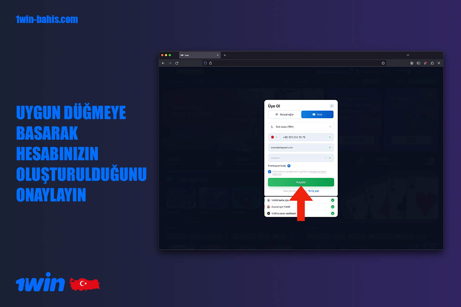 1win'de kayıt işlemini tamamlamak için - ilgili düğmeye tıklayın