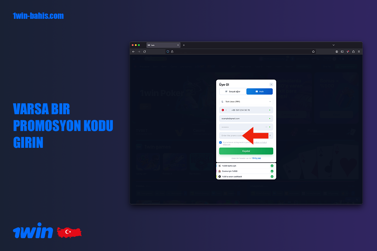 Bir 1win promosyon kodu mevcutsa, yeni kullanıcı kaydı sırasında girilebilir